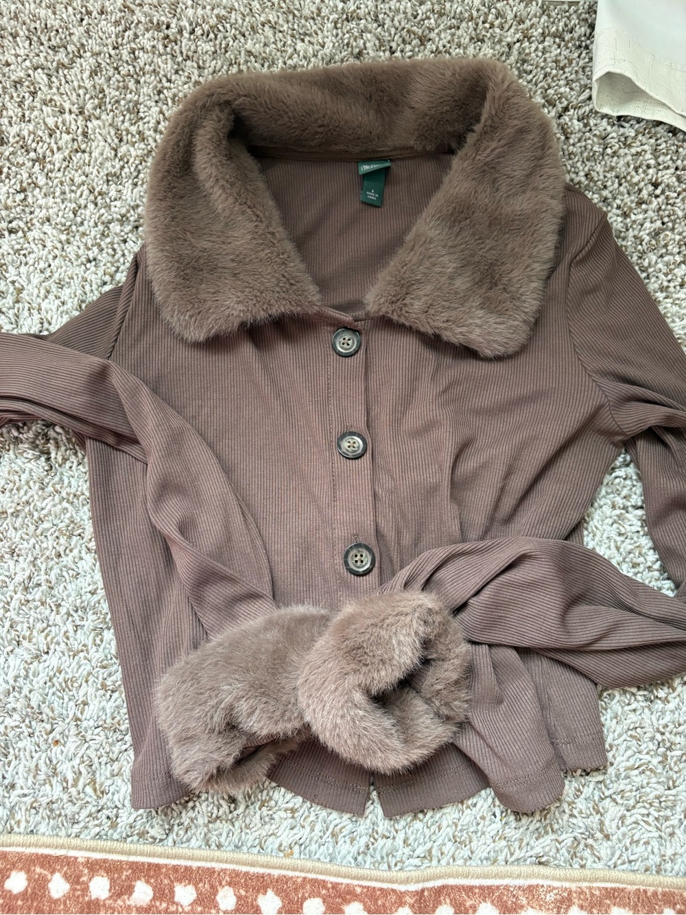 wild fable Plush Faux Fur-Trim Ribbed Cardigan - Taupe